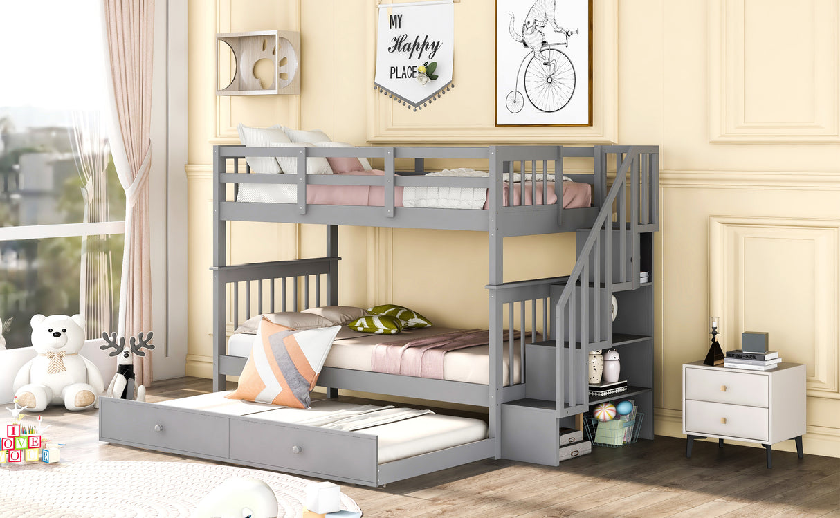Stairway Twin-Over-Twin Bunk Bed with Twin size Trundle for Bedroom, Dorm, Adults, Gray( old sku: LP000209AAE ) - Home Elegance USA