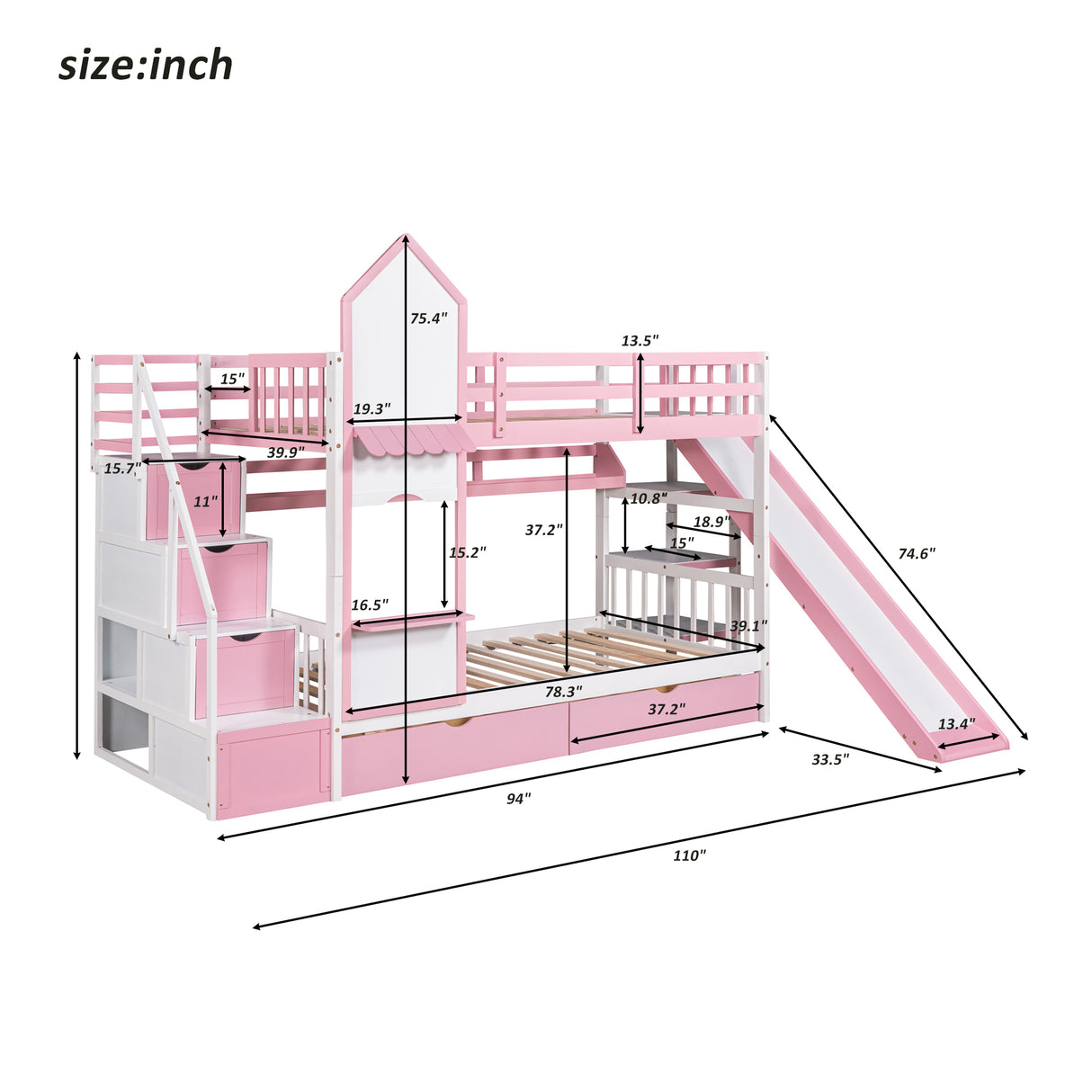 Twin-Over-Twin Castle Style Bunk Bed with 2 Drawers 3 Shelves and Slide - Pink