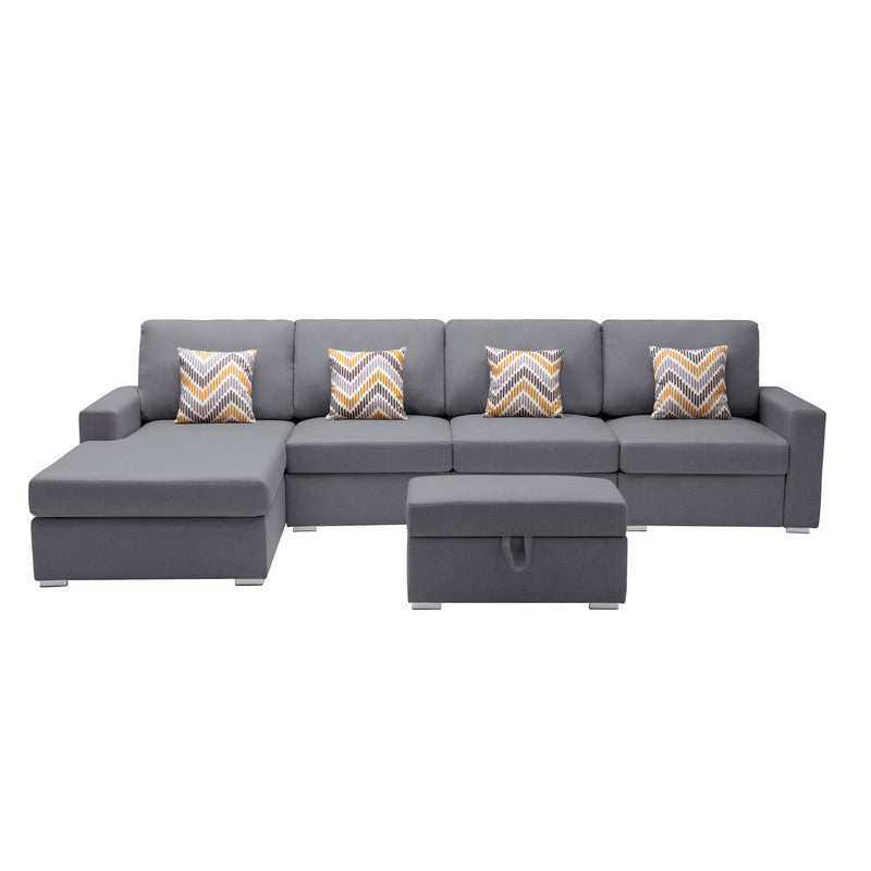 Nolan Gray Linen Fabric 5Pc Reversible Sofa Chaise with Interchangeable Legs, Storage Ottoman, and Pillows - Home Elegance USA