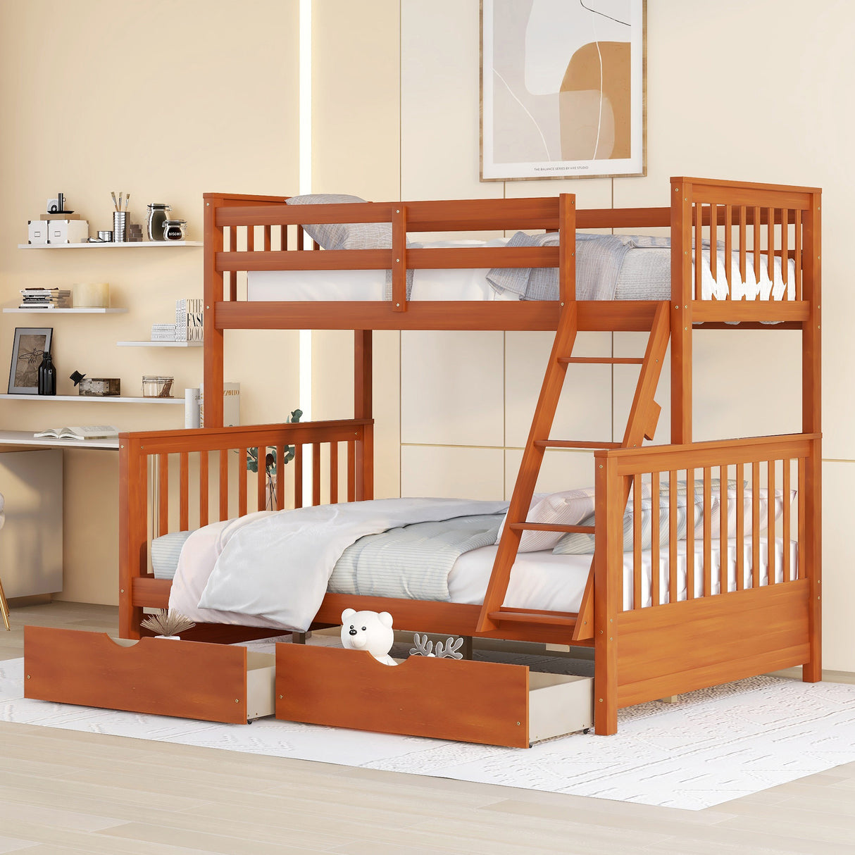 Twin-Over-Full Bunk Bed with Ladders and Two Storage Drawers (Walnut) ( old sku:LT000165AAD） - Home Elegance USA