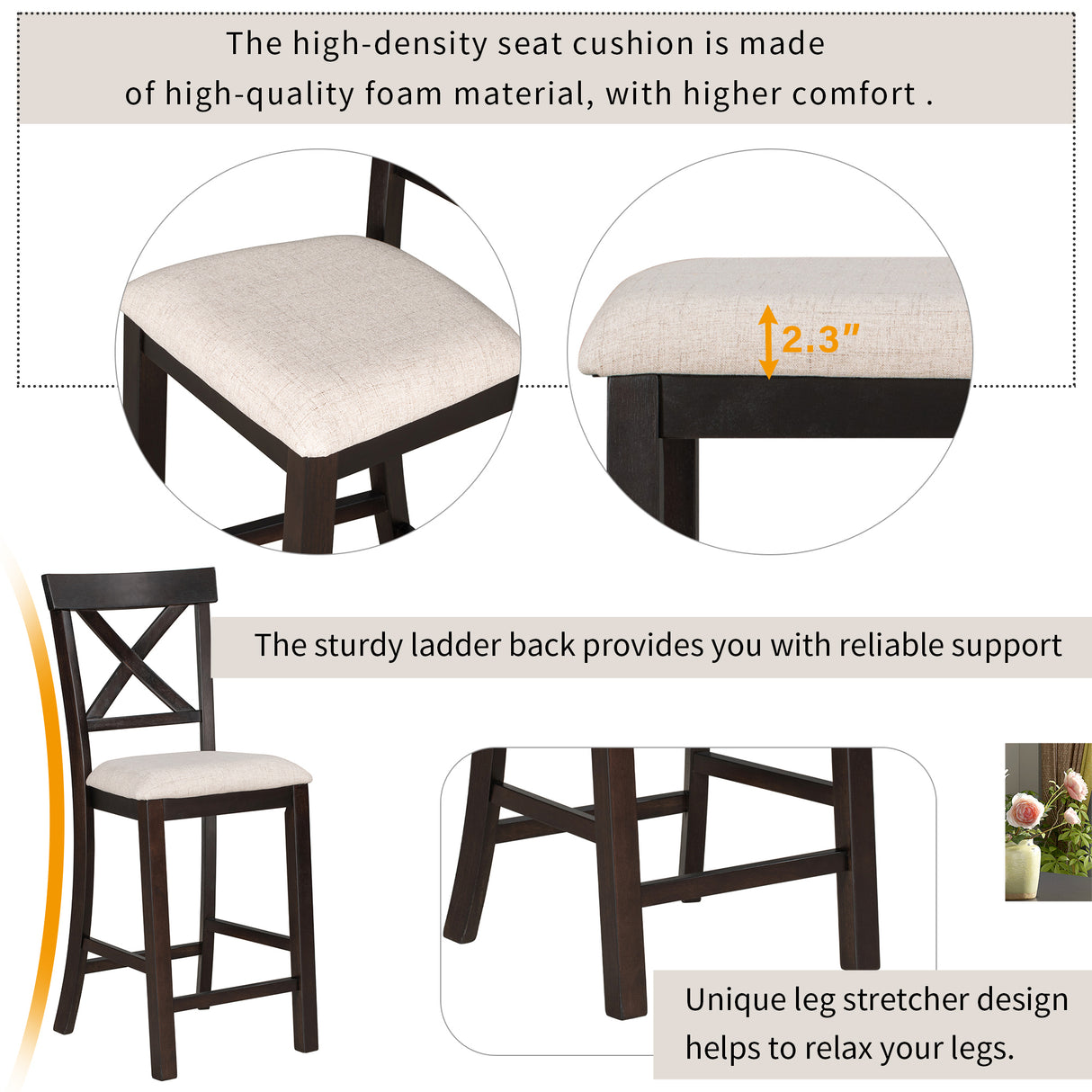 TREXM 6-Piece Counter Height Dining Table Set Table with Shelf 4 Chairs and Bench for Dining Room (Espresso) - Home Elegance USA