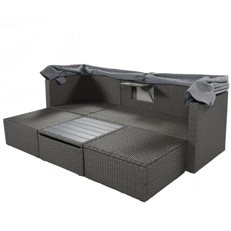 U_Style Outdoor Patio Rectangle Daybed with Retractable Canopy,  Wicker Furniture Sectional Seating with Washable Cushions, Backyard, Porch（As same as WY000263AAE） - Home Elegance USA