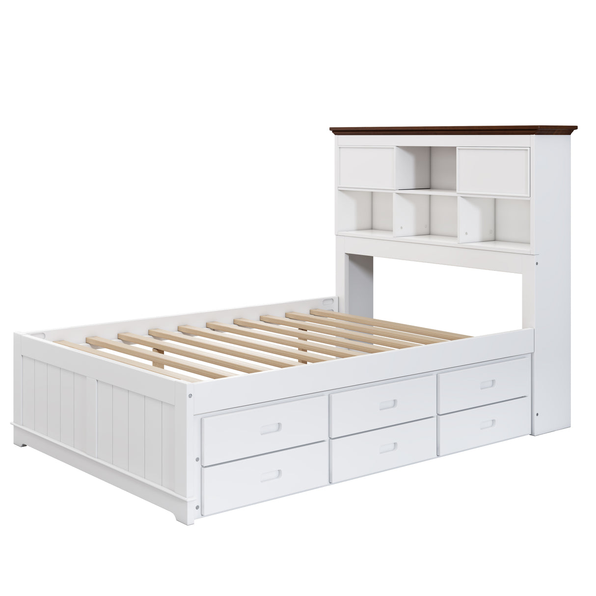 Solid Pine Captain Bookcase Bed with Trundle Bed and 3 Spacious Under Bed Drawers in Casual,Full, White+Walnut - Home Elegance USA