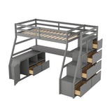 Twin Size Loft Bed with with 7 Drawers 2 Shelves and Desk - Gray - Home Elegance USA