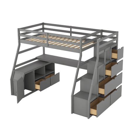 Twin Size Loft Bed with with 7 Drawers 2 Shelves and Desk - Gray