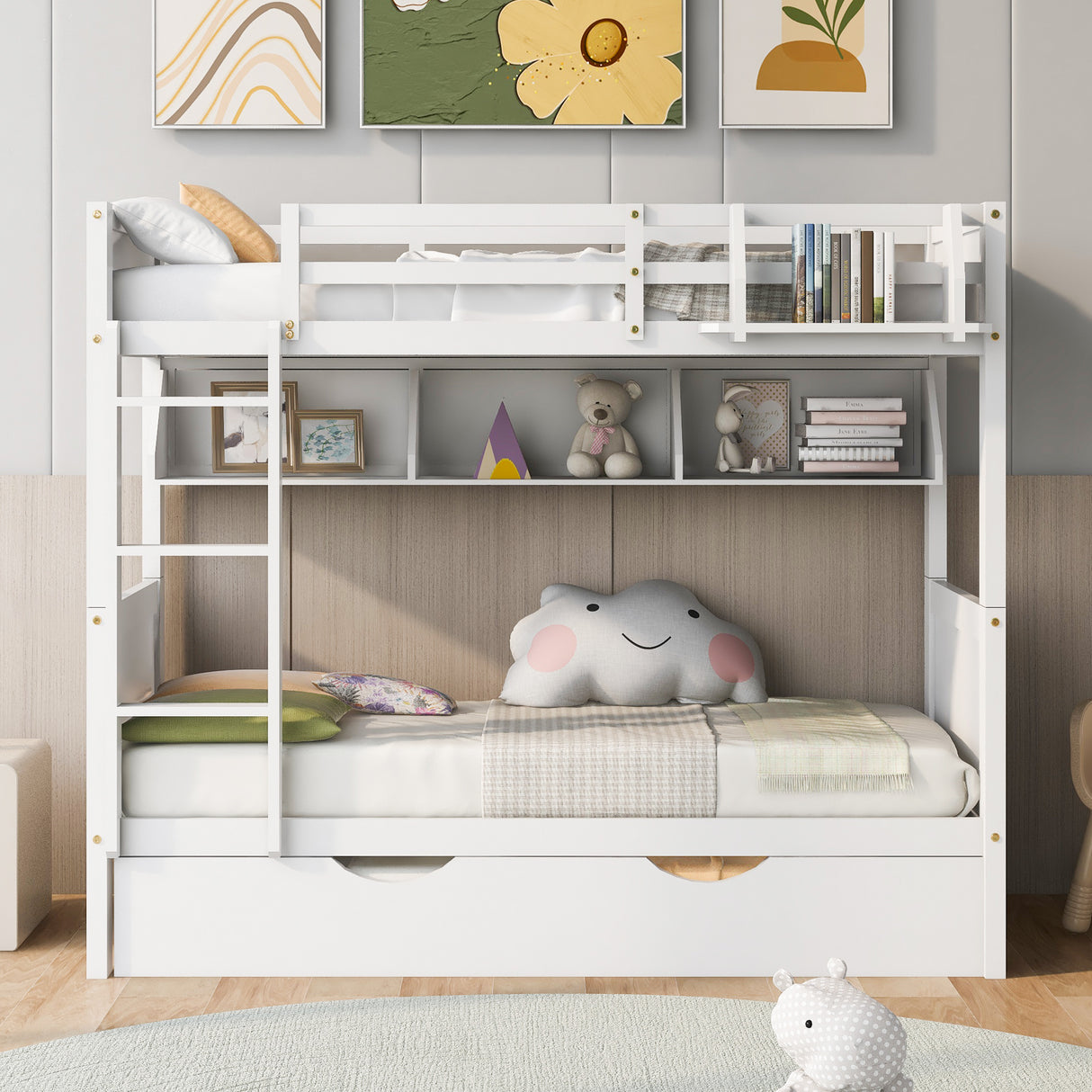 Twin-Over-Twin Bunk Bed with Twin size Trundle , Separable Bunk Bed with Bookshelf for Bedroom -White - Home Elegance USA