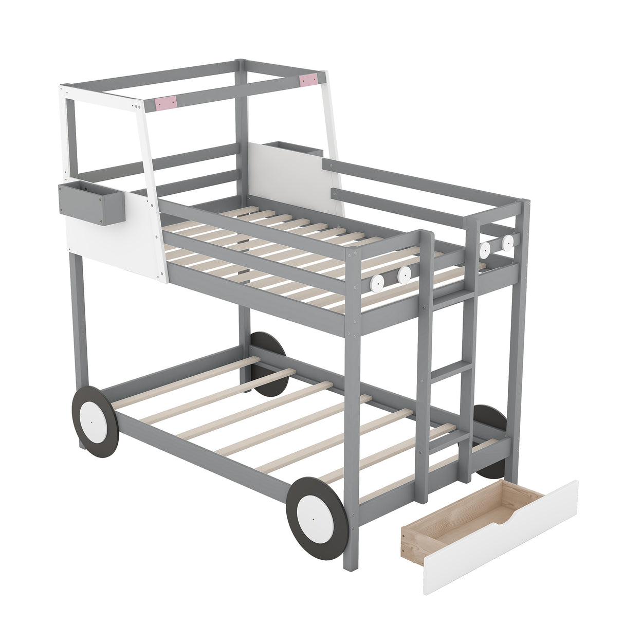 Twin over Twin Car-Shaped Bunk Bed with Wheels, Drawers and Shelves, Gray (Expected Arrival Time:7.30) - Home Elegance USA