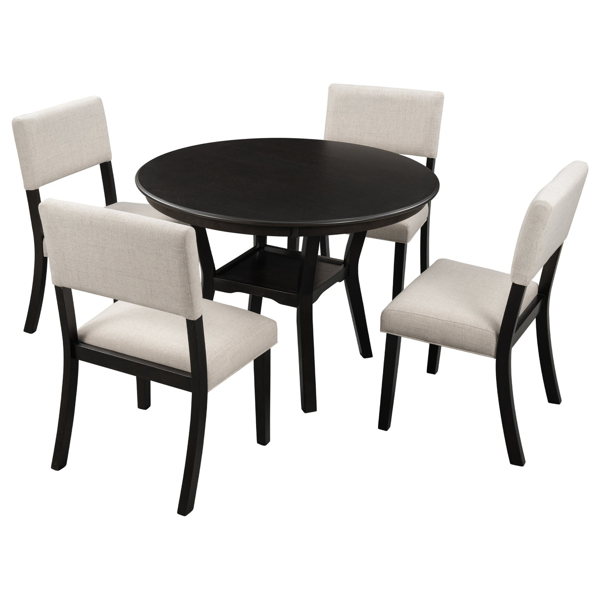 TREXM 5-Piece Kitchen Dining Table Set Round Table with Bottom Shelf, 4 Upholstered Chairs for Dining Room（Espresso） - Home Elegance USA