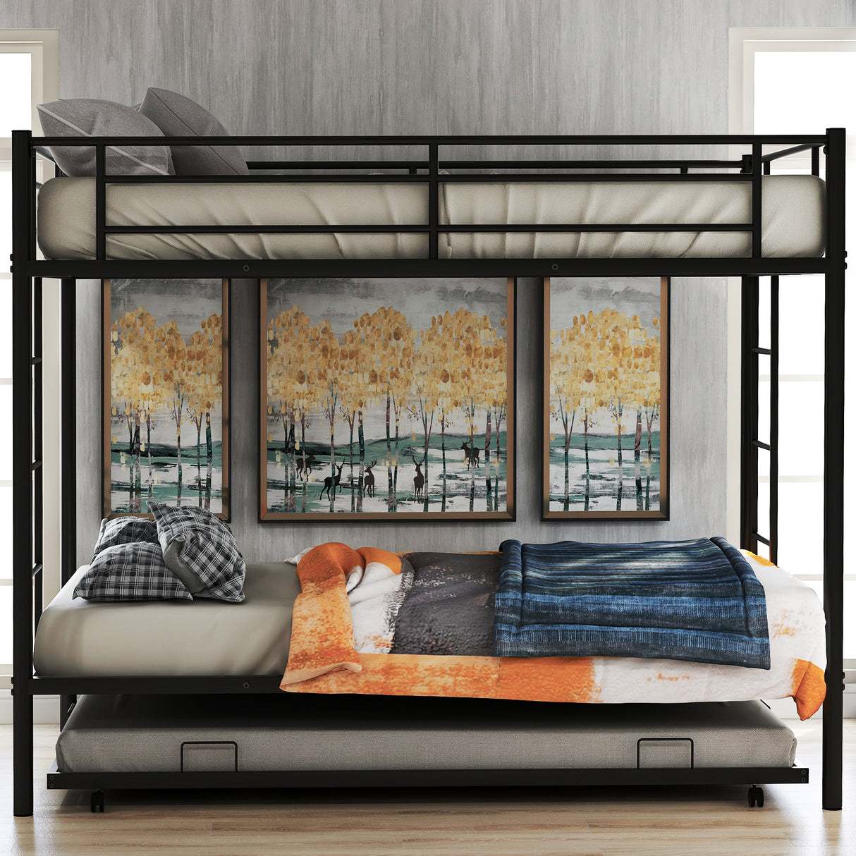 Twin over Twin Bunk Bed with Trundle, Black(OLD SKU:MF192387AAB) - Home Elegance USA