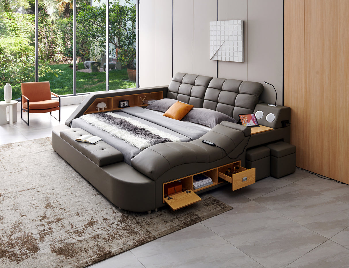 Multifunctional Upholstered Storage Bed Frame, Massage Chaise Lounge on Right ,Queen Size, Grey - Home Elegance USA