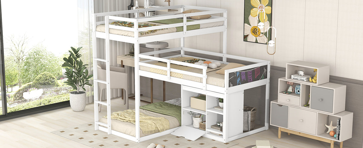 L-shaped Wood Triple Twin Size Bunk Bed with Storage Cabinet and Blackboard, Ladder, White - Home Elegance USA