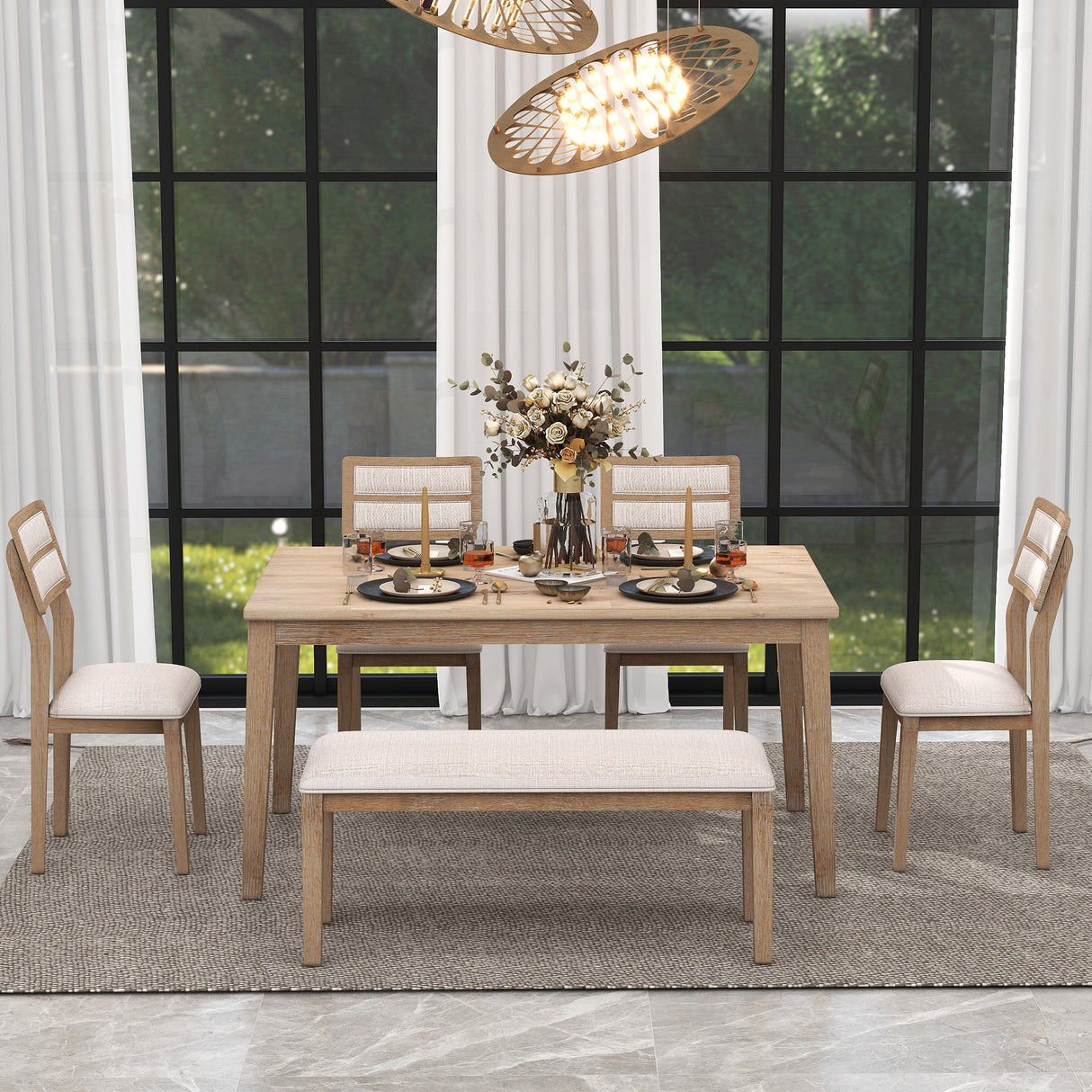 TREXM Classic and Traditional Style 6 - Piece Dining Set, Includes Dining Table, 4 Upholstered Chairs & Bench (Natural Wood Wash) - Home Elegance USA