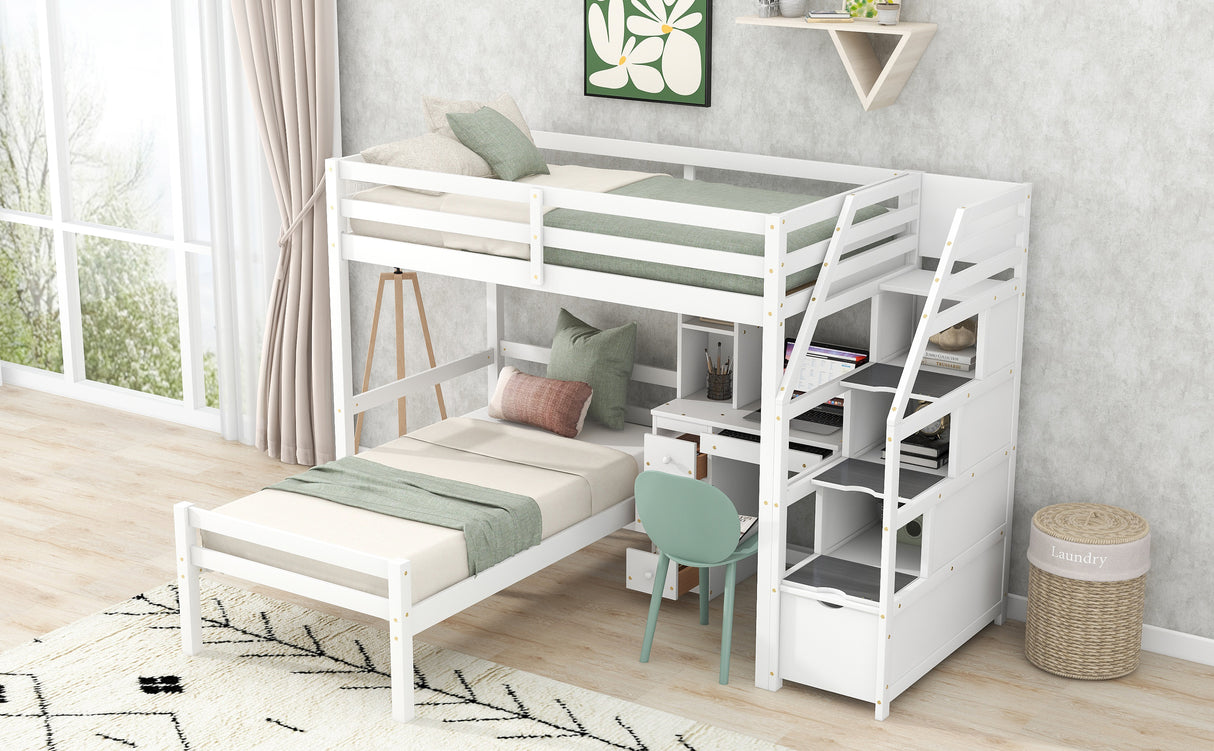 Twin Size Loft Bed with a Stand-alone Bed, Storage Staircase, Desk, Shelves and Drawers, White - Home Elegance USA