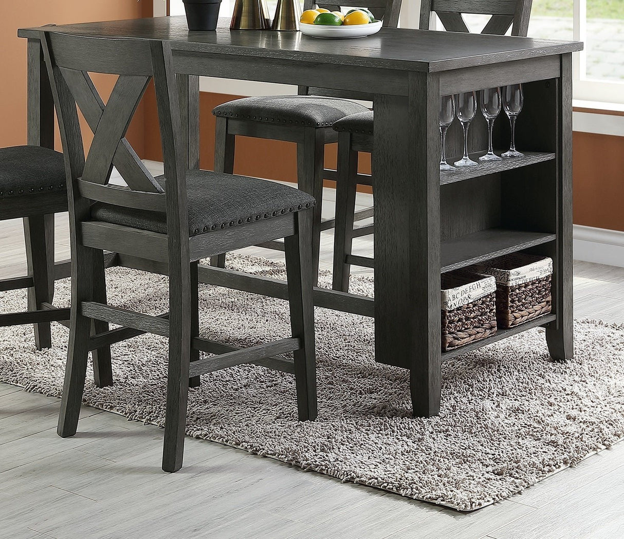 Modern Dark Brown Finish 5pc Counter Height High Dining Table w Storage Shelves 4x High Chairs Wooden Kitchen Breakfast Table Dining Room Furniture - Home Elegance USA