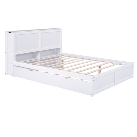 Queen Size Storage Platform Bed with Pull Out Shelves and Twin  XL Size Trundle, White - Home Elegance USA