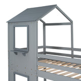 Twin Over Twin Bunk Bed with Storage Stairs,Wood Bed with Roof, Window, Guardrail, Ladder，Gray