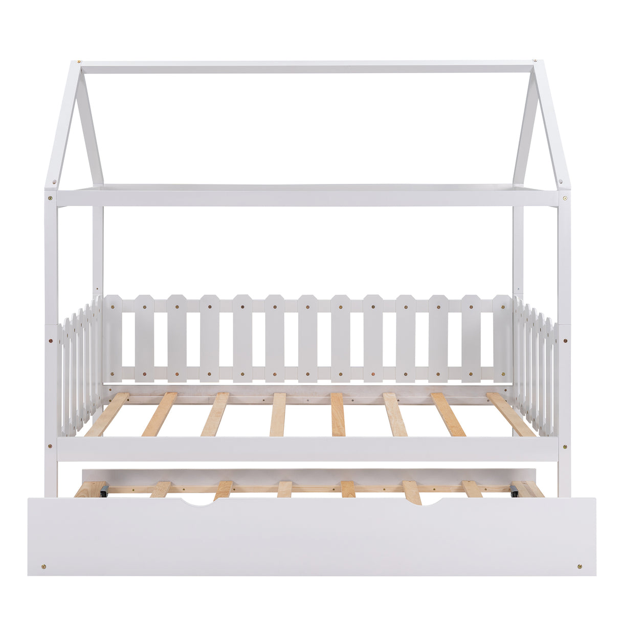 Twin Size House Bed with trundle, Fence-shaped Guardrail, White(New) - Home Elegance USA