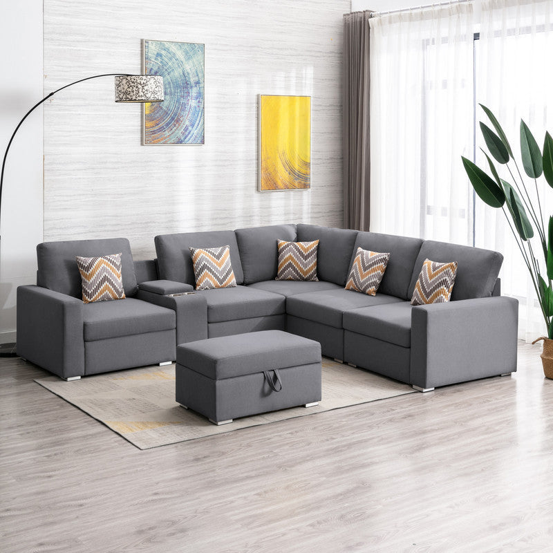 Nolan Gray Linen Fabric 7Pc Reversible Sectional Sofa with Interchangeable Legs, Pillows, Storage Ottoman, and a USB, Charging Ports, Cupholders, Storage Console Table - Home Elegance USA