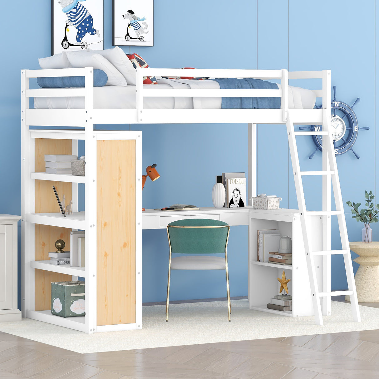 Twin Size Loft Bed with Ladder, Shelves, and Desk, White - Home Elegance USA