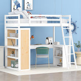 Twin Size Loft Bed with Ladder, Shelves, and Desk, White - Home Elegance USA