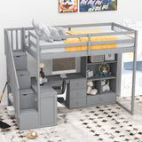 Twin Size Loft Bed with L-Shaped Desk and Drawers, Cabinet and Storage Staircase, Gray - Home Elegance USA