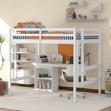 Full size Loft Bed with Desk and Writing Board, Wooden Loft Bed with Desk & 2 Drawers Cabinet- White - Home Elegance USA