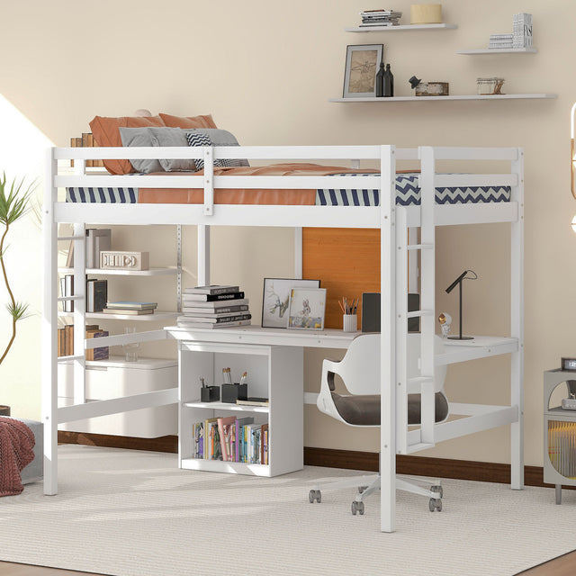 Full size Loft Bed with Desk and Writing Board, Wooden Loft Bed with Desk & 2 Drawers Cabinet- White - Home Elegance USA