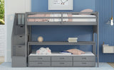 Stairway Twin XL Loft Bed with Twin Size Trundle and 3 Drawers, Storage, Desk, Gray - Home Elegance USA