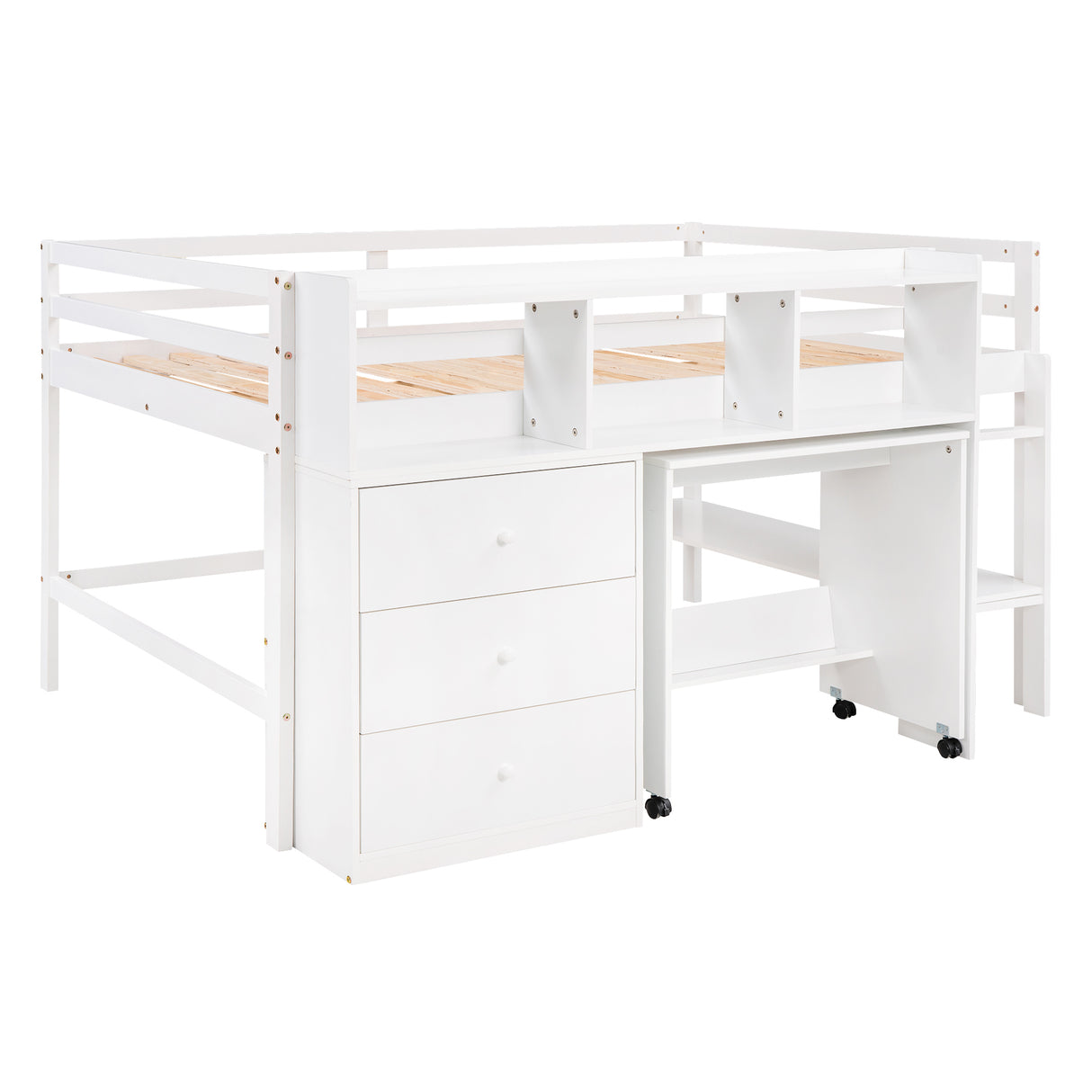 Full Size Low Loft Bed with Rolling Portable Desk, Drawers and Shelves,  White - Home Elegance USA