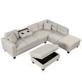 104.5" Modern Sectional Sofa with Storage Ottoman, L - Shape Couch with 2 Pillows and Cup Holder,Sectional Sofa with Reversible Chaise for Living Room,Light Gray | Home Elegance USA