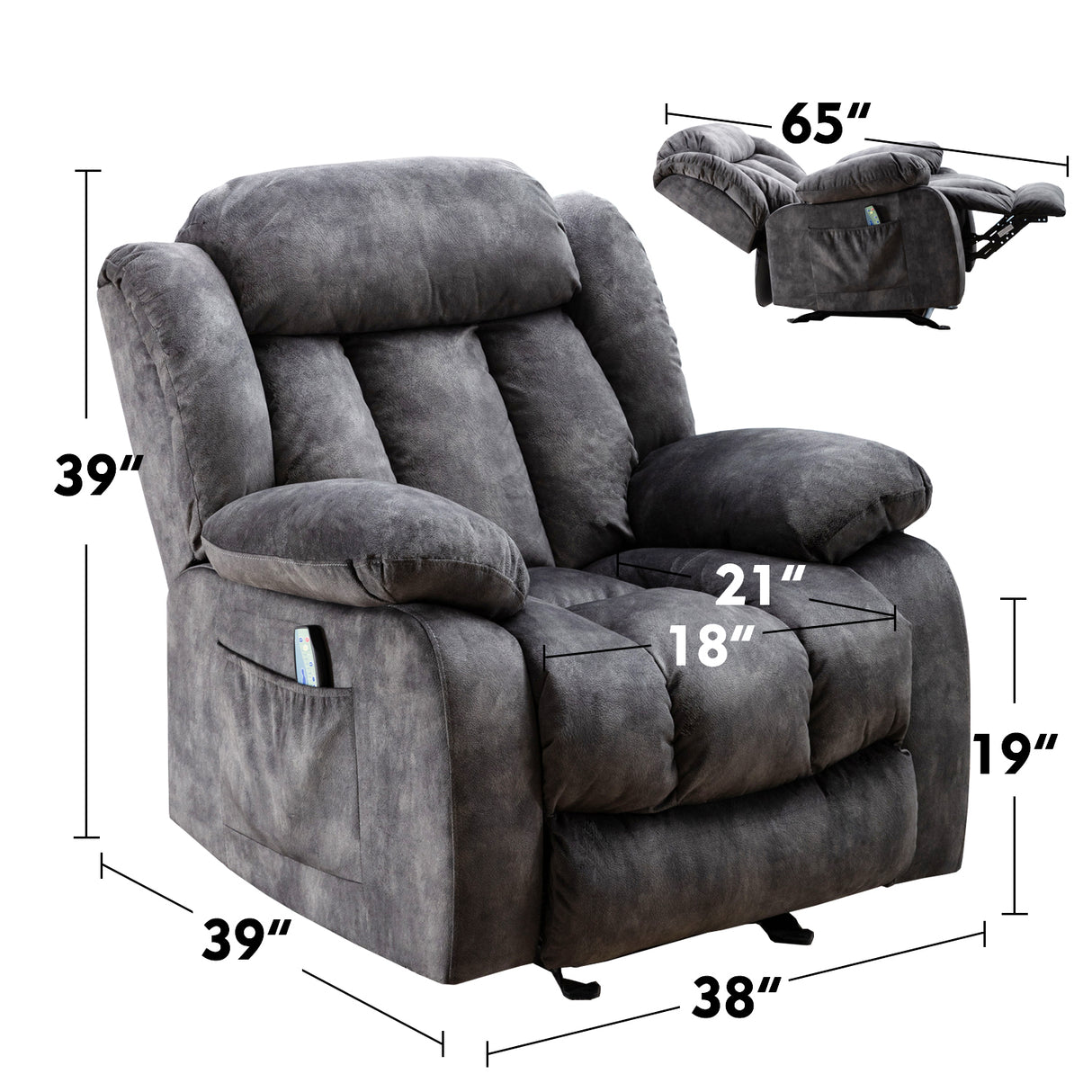 Massage Rocker Recliner with Heat and Vibration, Manual Rocking Recliner Chair with Vibrating Massage, Comfy Padded Overstuffed Recliner Soft Fabric Heated Recliner (Grey) Home Elegance USA