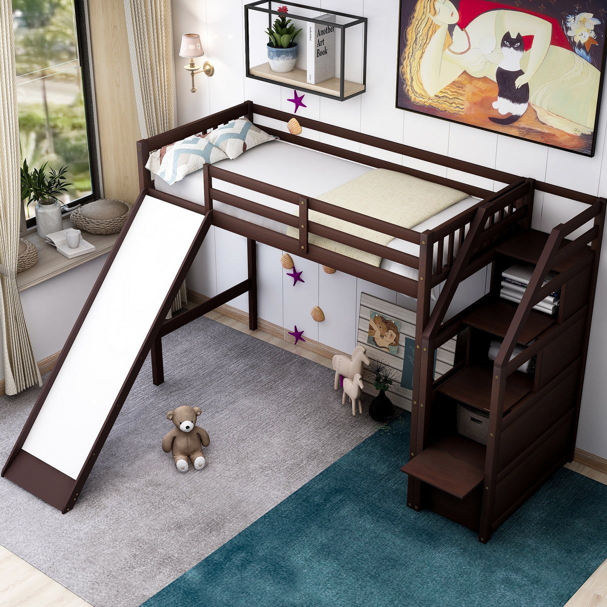 Twin Size Loft Bed with Storage and Slide, Espresso - Home Elegance USA