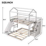 Twin over Full House Bunk Bed with Convertible Slide and Storage Staircase,Full-Length Guardrail,White - Home Elegance USA