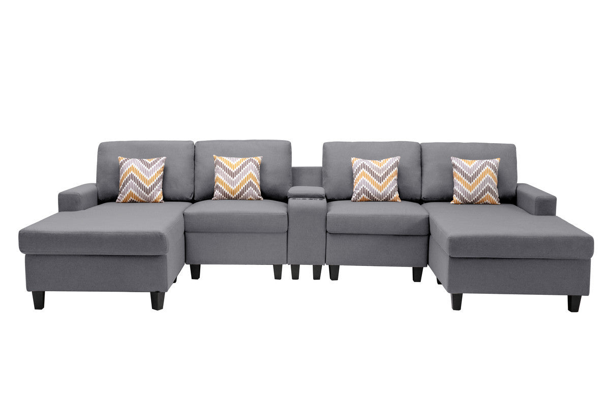 Nolan Gray Linen Fabric 5Pc Double Chaise Sectional Sofa with Interchangeable Legs, a USB, Charging Ports, Cupholders, Storage Console Table and Pillows - Home Elegance USA