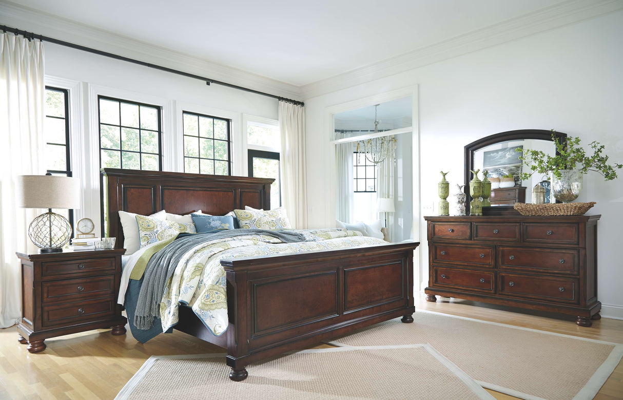 Porter - Rustic Brown - 6 Pc. - Dresser, Mirror, King Panel Bed, Nightstand - Home Elegance USA