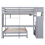 Twin over Full Bunk Bed with Storage Staircase, Desk, Shelves and Hanger for Clothes, Gray - Home Elegance USA