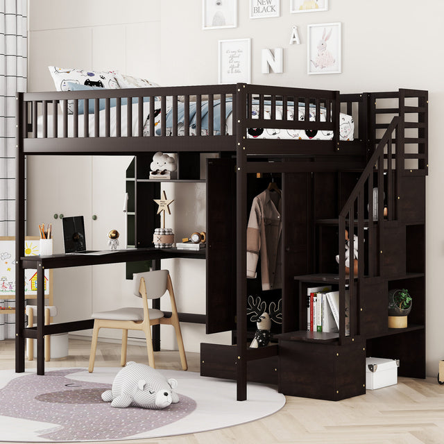 Full size Loft Bed with Bookshelf,Drawers,Desk,and Wardrobe-Espresso - Home Elegance USA