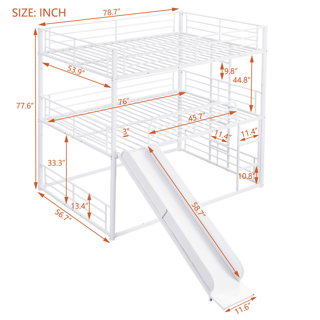 Full Size Metal Bunk Bed with Ladders and Slide, Divided into One Platform and Loft Bed, White - Home Elegance USA