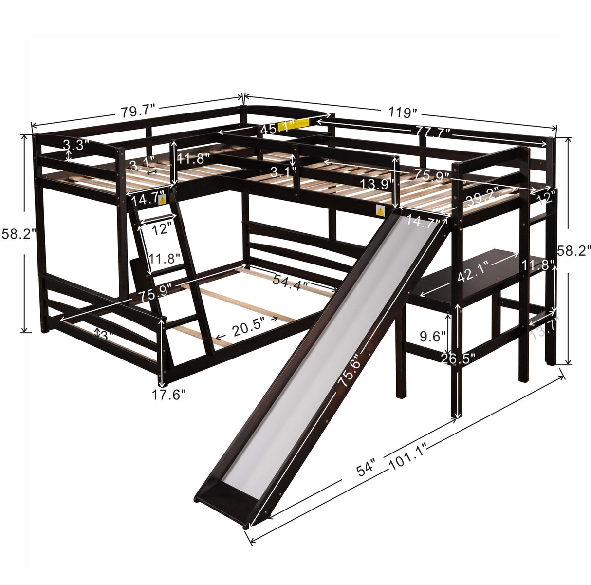 Twin over Full Bunk Bed with Twin Size Loft Bed with Desk and Slide,Full-Length Guardrail, Espresso - Home Elegance USA