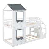 Twin Over Twin Bunk Bed with Storage Stairs,Wood Bed with Roof, Window, Guardrail, Ladder，White - Home Elegance USA