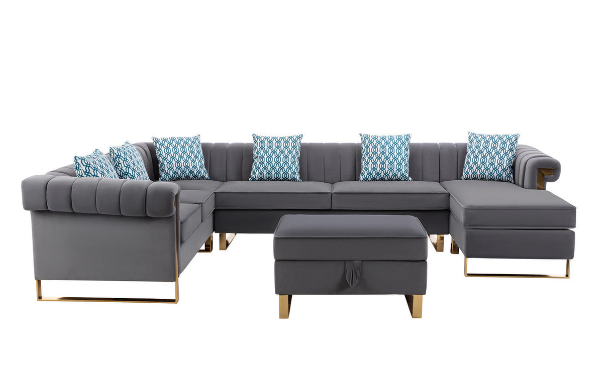 Maddie Gray Velvet 7-Seater Sectional Sofa with Reversible Chaise and Storage Ottoman - Home Elegance USA