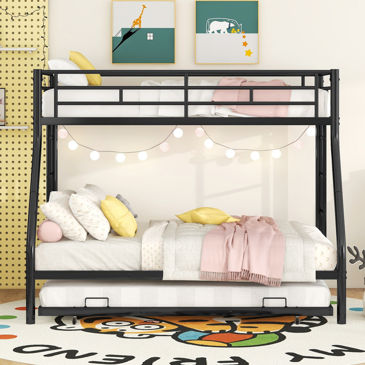 Twin over Full Bed with Sturdy Steel Frame, Bunk Bed with Twin Size Trundle, Two-Side Ladders, Black - Home Elegance USA