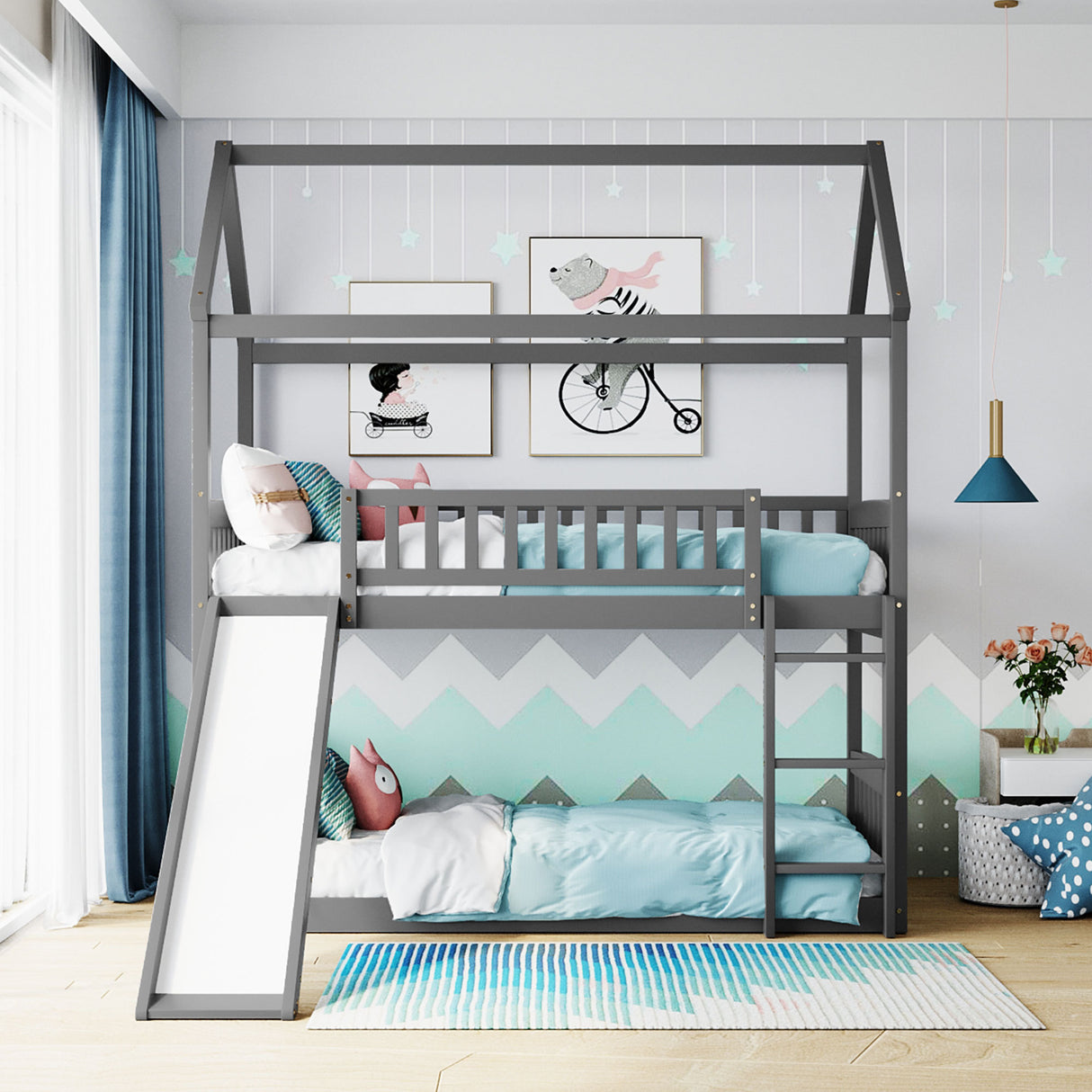 Twin Over Twin Bunk Bed with Slide, House Bed with Slide, Gray(OLD SKU: LT000213AAE - Home Elegance USA