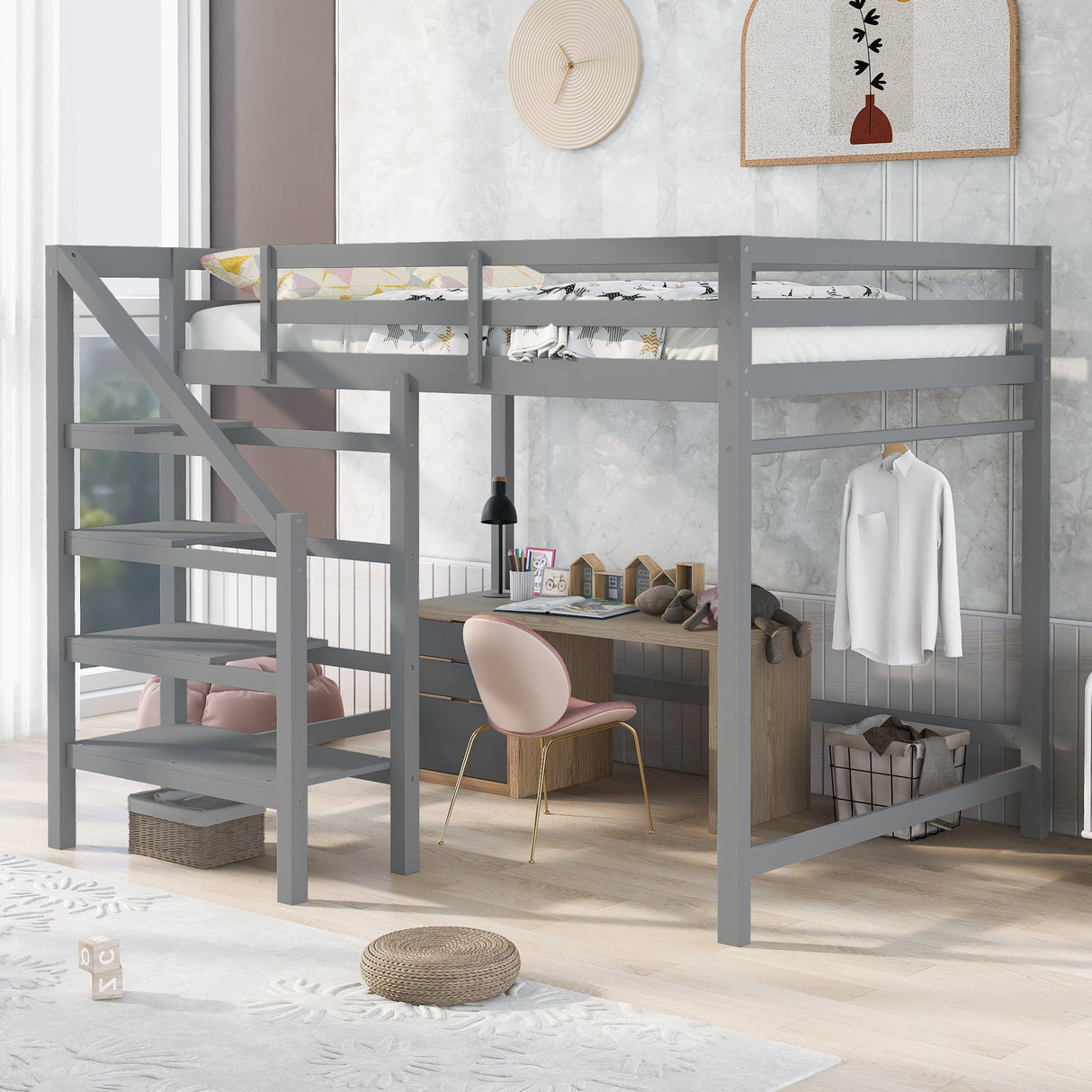 Full Size Loft Bed with Built-in Storage Staircase and Hanger for Clothes,Gray - Home Elegance USA