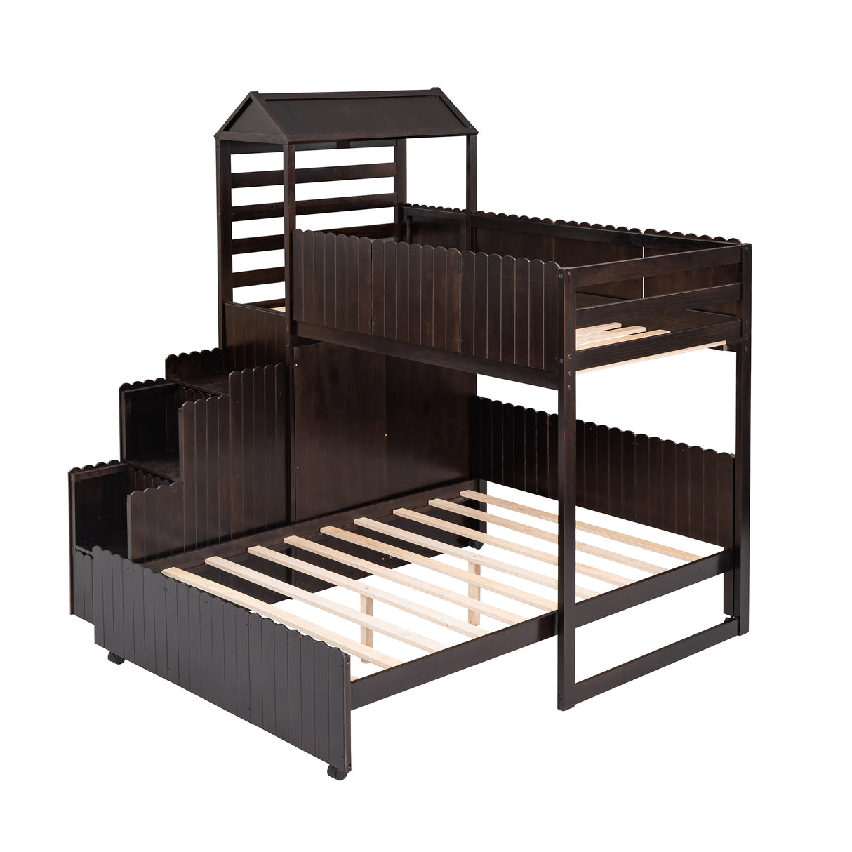 Stairway Twin Over Full Bunk Bed, House Bed with Two Shelves and Seven Drawers,Espresso - Home Elegance USA