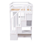 Twin size Loft Bed with Storage Drawers and Stairs, Wooden Loft Bed with Shelves - White - Home Elegance USA