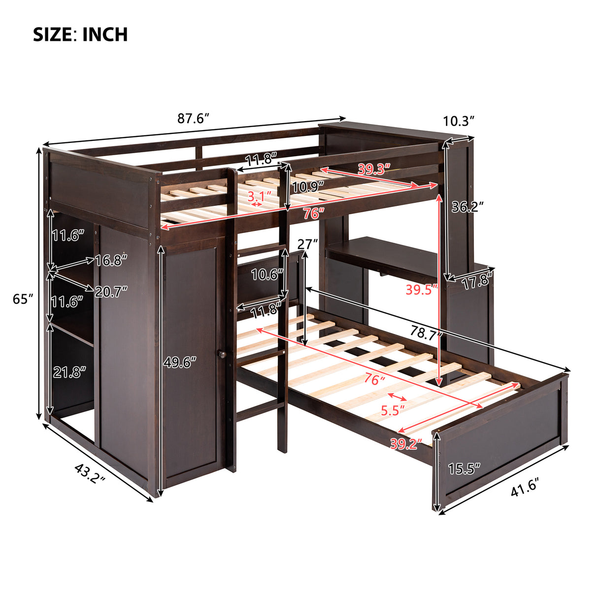 Twin size Loft Bed with a Stand-alone bed, Shelves,Desk,and Wardrobe-Espresso - Home Elegance USA