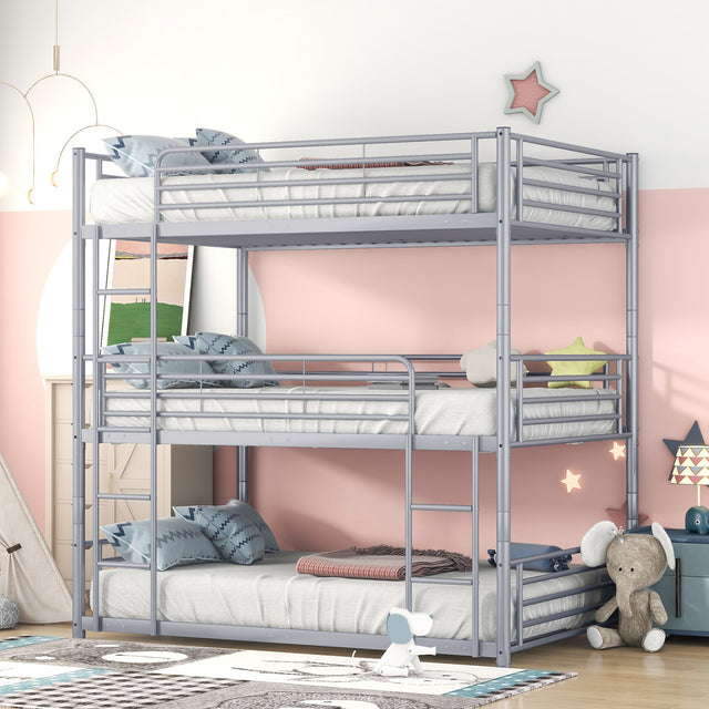 Full-Full-Full Metal  Triple Bed  with Built-in Ladder, Divided into Three Separate Beds,Gray - Home Elegance USA