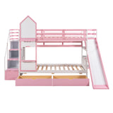 Twin-Over-Twin Castle Style Bunk Bed with 2 Drawers 3 Shelves and Slide - Pink