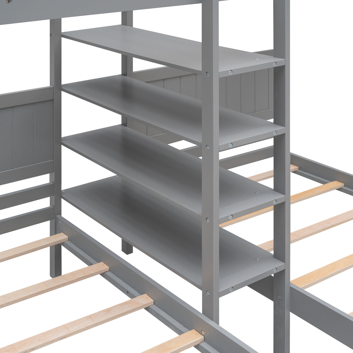 Twin XL over Twin&Twin Bunk Bed with Built-in Four Shelves and Ladder,Gray - Home Elegance USA